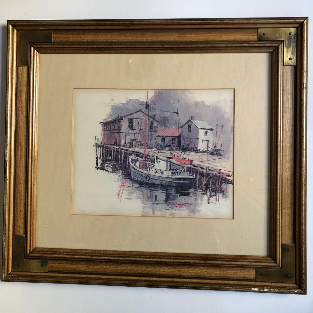 Old village water front scene framed print wall art home decor